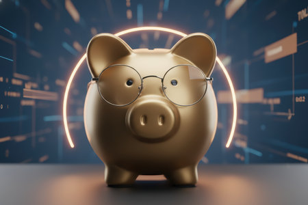 Smart golden piggy bank with glasses and digital background.の素材