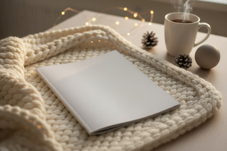 A blank magazine on a cozy knit blanket with a hot drink and winter decorations.の素材