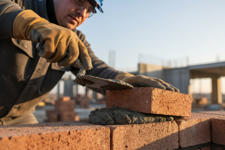 Bricklayer working on a construction site, laying bricks with mortar.の素材