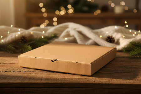 A plain brown cardboard box on a rustic wooden table with festive lights in the background.の素材