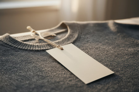 Close up of a gray knitted sweater with a blank price tag.の素材