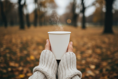 Hands holding a steaming cup of coffee in autumn.の素材