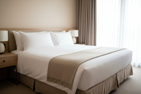 Cozy bed with white linen in modern hotel room.の素材
