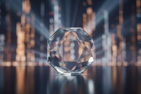 Clear faceted crystal object on reflective surface with abstract bokeh background.の素材