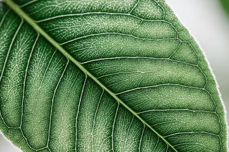 Macro shot of a green leaf with intricate veins.の素材