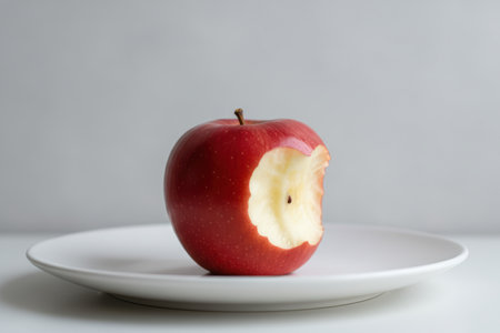 Red apple with a bite taken out on a white plate.の素材