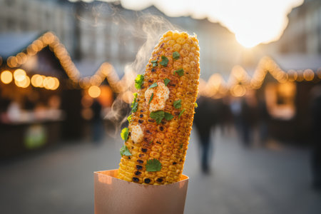 Steaming grilled corn on the cob with cilantro and sauce at an outdoor market.の素材