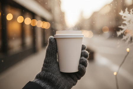 Hand holding hot coffee in a winter setting.の素材