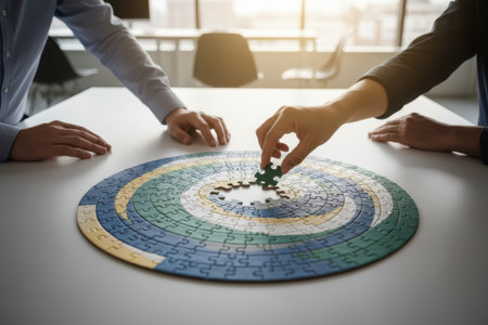 Hands of two people assembling a jigsaw puzzle on a desk..の素材