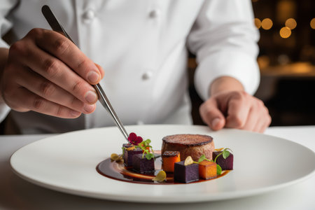 Chef plating a gourmet dish in a fine dining restaurant.の素材