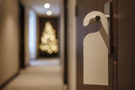 Blank door hanger on a hotel room door with a blurred Christmas tree in the background.の素材