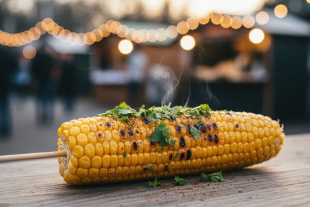 Grilled corn on the cob with cilantro at a festive market.の素材