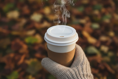 Hand in a knitted glove holding a steaming coffee cup in autumn.の素材