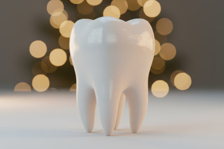 White molar tooth with festive bokeh lights in background.の素材