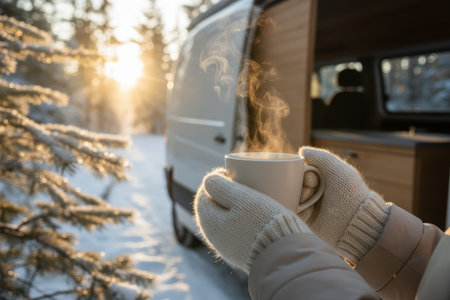 Hands in mittens holding a steaming mug in a snowy winter landscape with a camper van.の素材