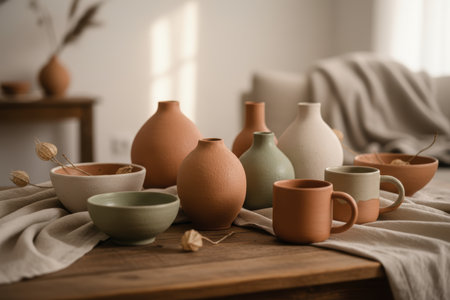 Collection of earthy toned ceramic and terracotta pottery on a wooden table.の素材