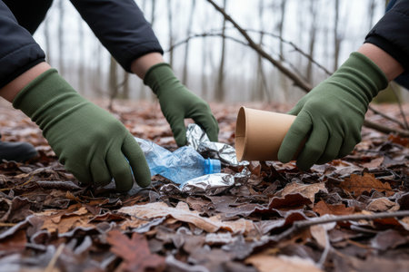 People picking up trash in a frozen forest.の素材
