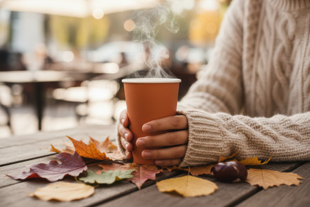 Hands in a knitted sweater holding a steaming cup of hot drink on a wooden table with autumn leaves.の素材