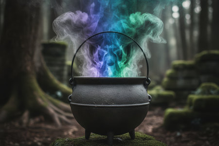 Cauldron with colorful smoke in a mystical forest.の素材