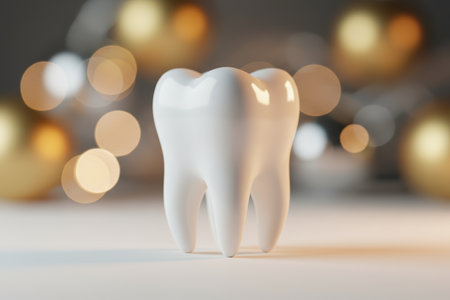 White molar tooth with blurred bokeh lights in background.の素材