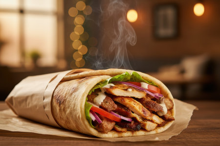 Steaming chicken and mixed meat wrap on a wooden table.の素材