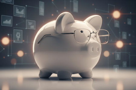 Smart piggy bank with glasses and financial data background.の素材