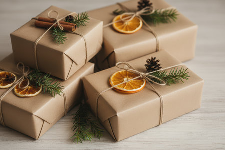 A collection of rustic christmas gift boxes.の素材