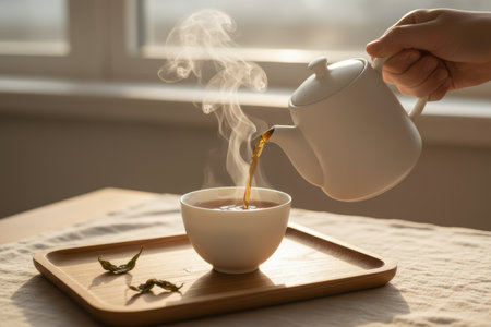 A hand pouring hot steaming tea into a white teacup on a wooden tray..の素材
