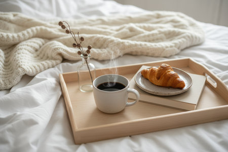 Breakfast in bed with coffee and croissant.の素材