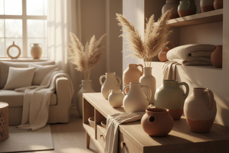 Collection of ceramic vases with pampas grass on a wooden table in a sunny living room.の素材