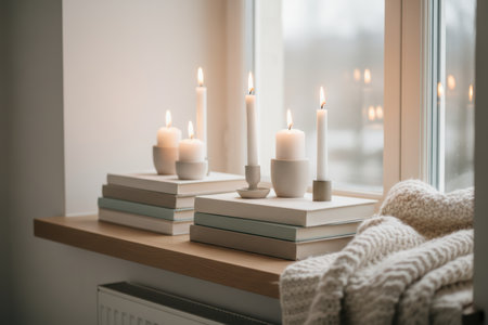 Cozy window scene with lit candles and stacked books.の素材