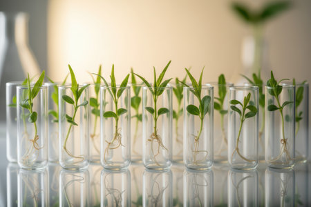 Small green plants growing in test tubes with roots visible.の素材