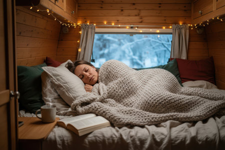 Woman sleeping soundly in a cozy camper van during winter.の素材