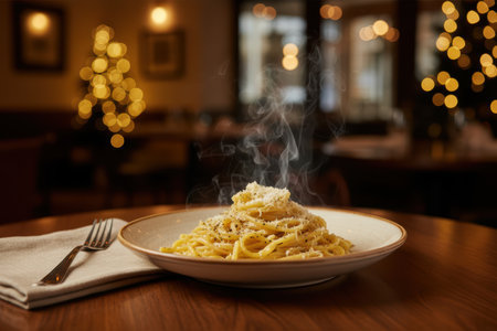 Steaming hot spaghetti with cheese and black pepper on a wooden table in a restaurant setting.の素材