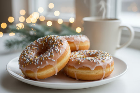 Delicious glazed donuts with sprinkles and a hot drink on a festive morning.の素材
