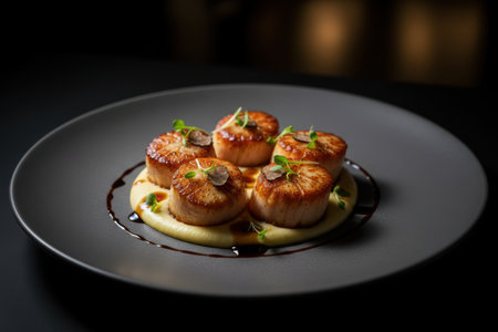 Gourmet seared scallops with truffle and purの素材
