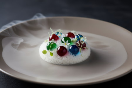 Modern gourmet dessert with colorful spheres and artistic smoke.の素材