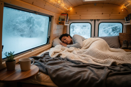 Young woman sleeping comfortably in a cozy camper van during winter.の素材