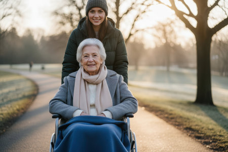 Young woman pushing happy senior woman in wheelchair in park.の素材