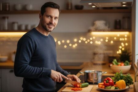 Smiling man cooking fresh vegetables in a cozy kitchen.の素材