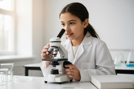 Young girl looking into a microscope in a laboratory.の素材