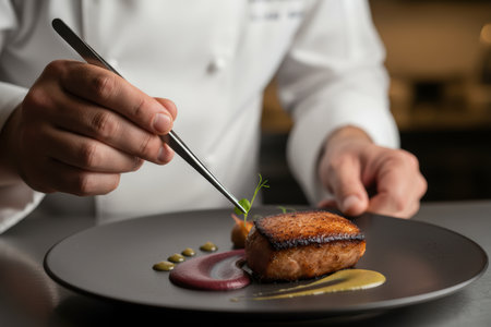 Chef garnishing a gourmet dish with delicate tweeters.の素材