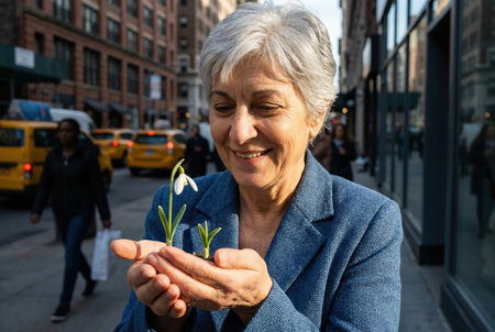 Smiling woman holding a plant in a bustling city.の素材