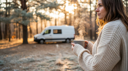 Woman holding steaming cup near camper van in winter forest.の素材