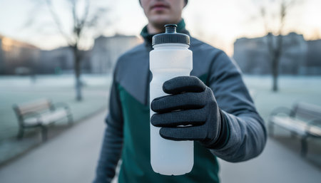 Runner holding water bottle during winter training outdoors.の素材