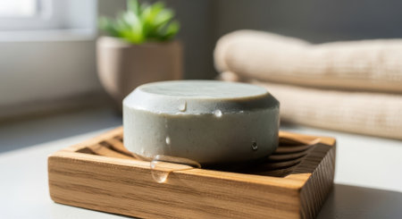Solid soap bar on wooden dish with water droplets.の素材