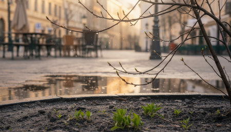 Spring rain on an empty city street.の素材
