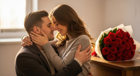 Young couple embracing intimately with a bouquet of red roses.の素材