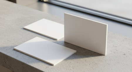 Blank white cards on concrete surface by window.の素材