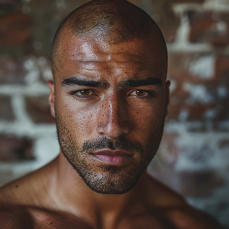Portrait of intense bald man with freckles and stubble.の素材